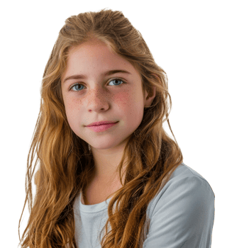 Young girl with long blonde hair and blue eyes posing in a white shirt, cut out - stock png. png