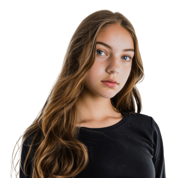 Portrait of a young woman with long brown hair, cut out - stock png. png