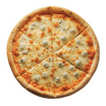 A freshly baked white pizza with six slices and cheese, cut out - stock png. png