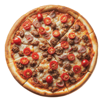A sliced pepperoni and cherry tomato pizza with cheese and sauce, cut out - stock png. png
