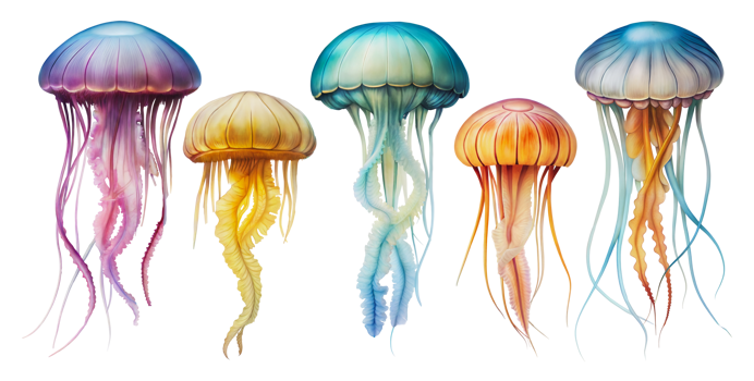 Five colorful jellyfish, cut out - stock png. png