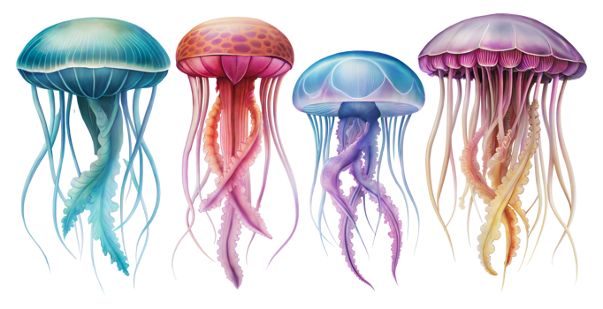 Four colorful jellyfish, cut out - stock png. png