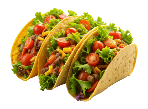 Three crunchy tacos with ground beef, lettuce, tomatoes, and cheese, cut out - stock png. png