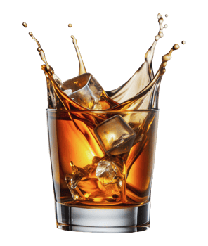 A glass of whiskey with ice and splashing liquid, cut out - stock png. png