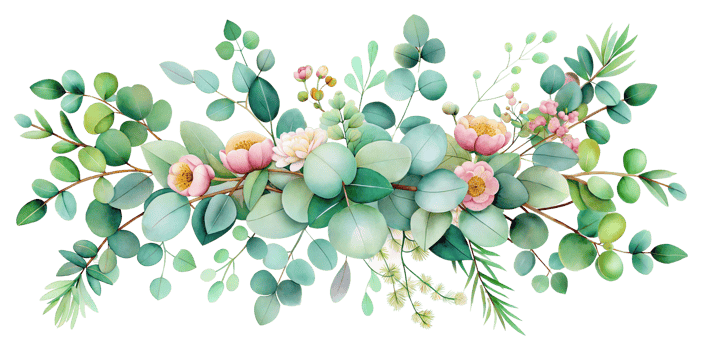 Watercolor banner with green eucalyptus leaves and pink flowers, cut out - stock png. png