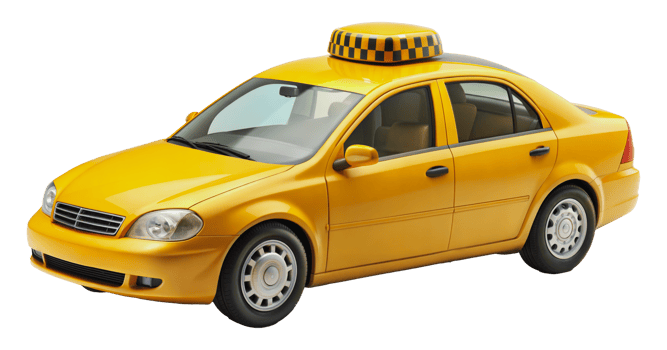 Yellow taxi car with checkered roof sign, cut out - stock png. png