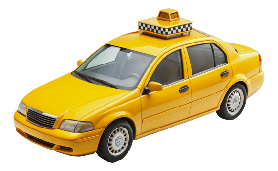 Yellow taxi car with checkered roof sign, cut out - stock png. png