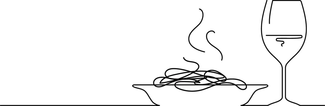 One line black and white fast drawing first course glass of wine and food plate vector