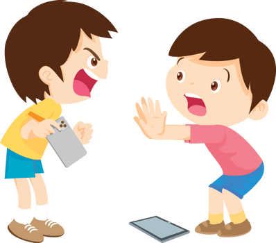 Irritated boy scolding his friend for distracting him from his screen png