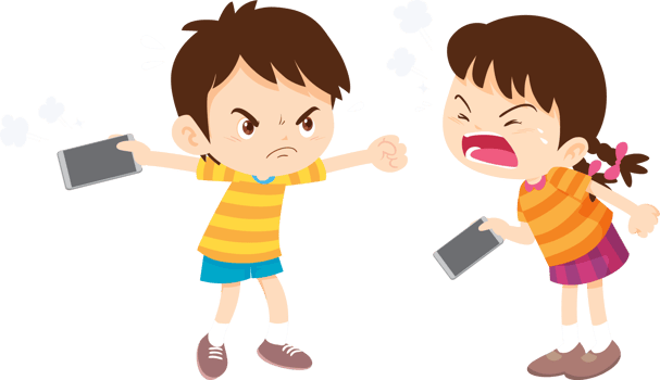 Young boy and girl arguing while holding tablet, illustrating digital conflict png
