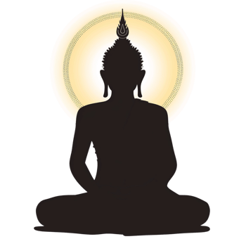 A serene Lord Buddha silhouette, gracefully seated with a halo of light, isolated on a transparent background png