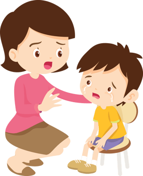 mother kneels beside her son, wiping his tears with care png