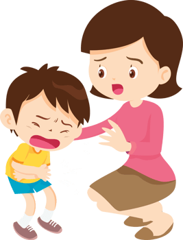 worried mother kneels beside her upset son png