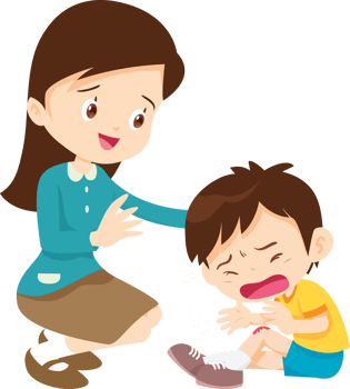 Teacher kneels down beside child who has fallen and wipes away tears png