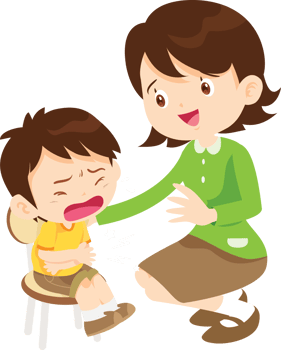 Teacher kneels down beside student who has stomachache and wipes away tears png