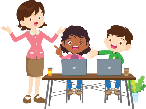 happy teacher and student learning computer png