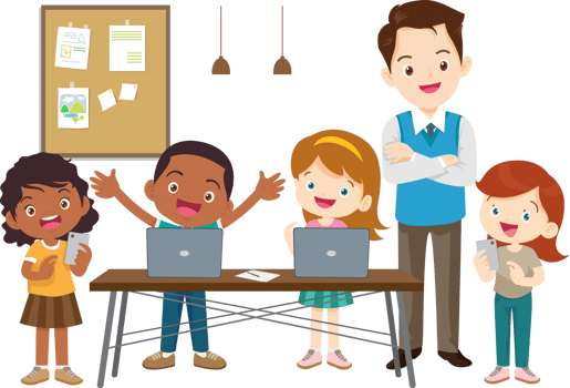 Happy children study together in a lively classroom png
