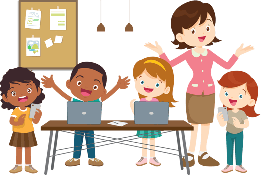 The teacher fosters teamwork in a technology-based class png