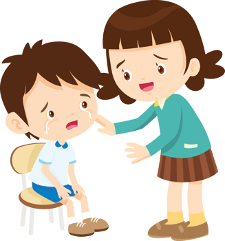 Girl comforts boy who cries because he is being bullied by his classmates png