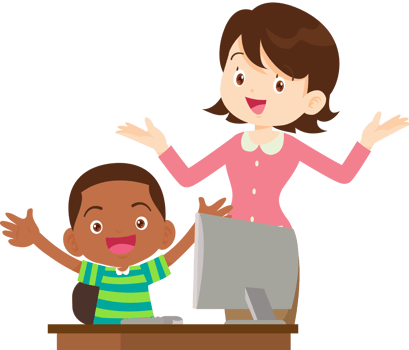 happy teacher and student learning computer png