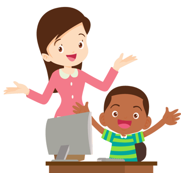 happy teacher and student learning computer png