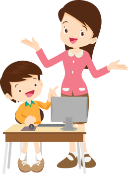 happy teacher and student learning computer png