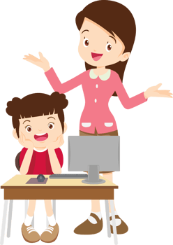 happy teacher and student learning computer png