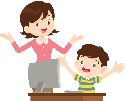 happy teacher and student learning computer png