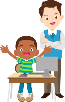 happy teacher and student learning computer png