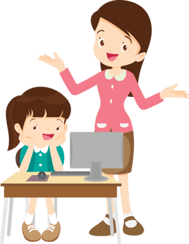 happy teacher and student learning computer png