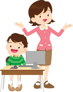 happy teacher and student learning computer png