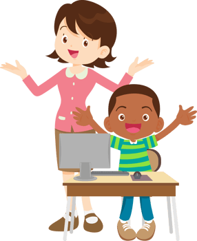 Cheerful teacher helping students with a coding project png