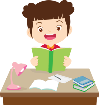 Girl with pigtails smiling while doing her school assignments png