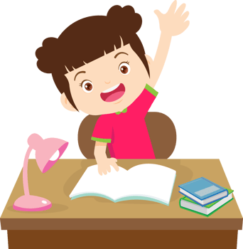 Cute girl raising her hand while studying at home png