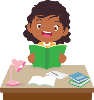 Young girl joyfully reading a fairy tale at her desk png