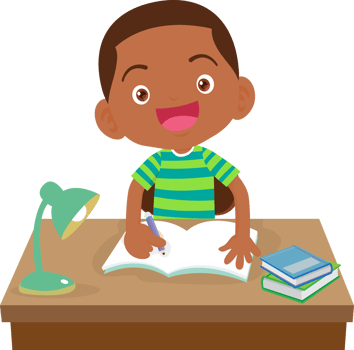 Smart boy taking notes while studying at his desk png