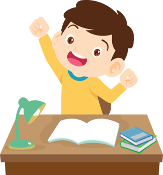 Happy boy sitting at his desk, enjoying his study time png