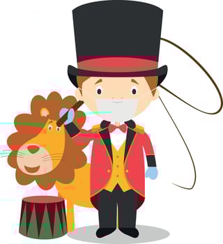 Cute cartoon illustration of a lion tamer with surgical mask and latex gloves as protection against a health emergency vector