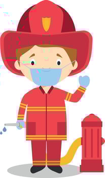Cute cartoon illustration of a firefighter with surgical mask and latex gloves as protection against a health emergency vector