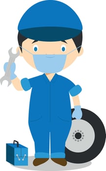 Cute cartoon illustration of a mechanic with surgical mask and latex gloves as protection against a health emergency vector