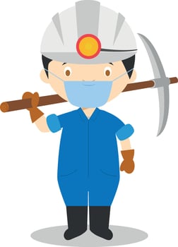Cute cartoon illustration of a miner with surgical mask and latex gloves as protection against a health emergency vector