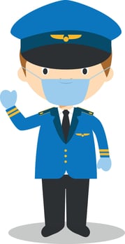 Cute cartoon illustration of a pilot with surgical mask and latex gloves as protection against a health emergency vector