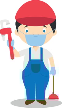 Cute cartoon illustration of a plumber with surgical mask and latex gloves as protection against a health emergency vector