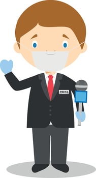 Cute cartoon illustration of a journalist with surgical mask and latex gloves as protection against a health emergency vector