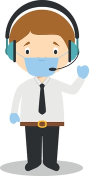 Cute cartoon illustration of a telemarketing phone operator with surgical mask and latex gloves as protection against a health emergency vector