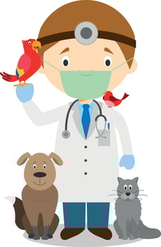 Cute cartoon illustration of a veterinarian with surgical mask and latex gloves as protection against a health emergency vector