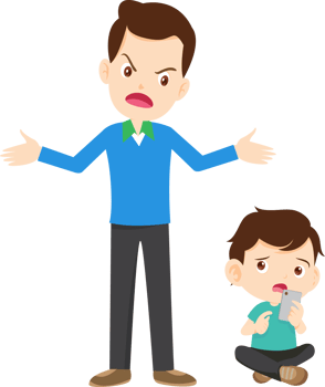 Father scolding his son for spending too much time on social media png