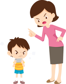 mother scolding her son for spending the entire day on a mobile device png