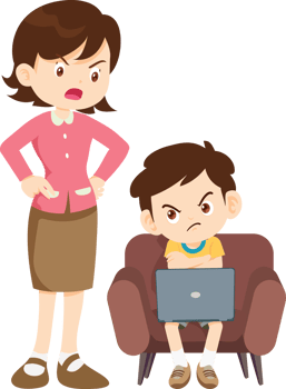 Mother struggling get her son to focus on homework instead gaming png