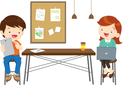 Children connecting with friends through an online study session png